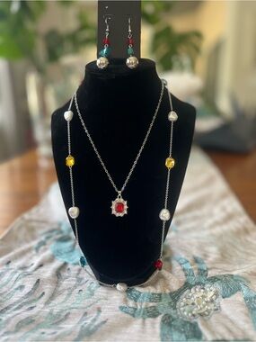 Brand New!! Multi-Color Gemstone Strand & Pendant Necklace w/ Bonus Earrings